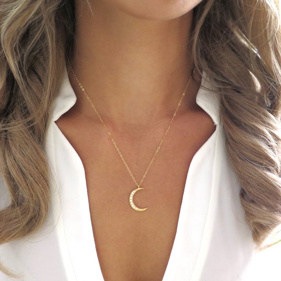 Buy Gold Crescent Moon Necklace Pave, Gold Moon Pendant, CZ Moon Necklace  Gold, Pave Moon, Half Moon, Thin Moon, Dainty Moon Necklace for Women  Online in India - Etsy