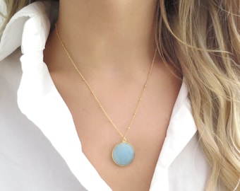 Aqua Chalcedony Necklace Gold, Gold Aqua, Light Blue Gemstone Necklace, Gold Necklace Satellite Chain, Something Blue Jewelry Chalcedony