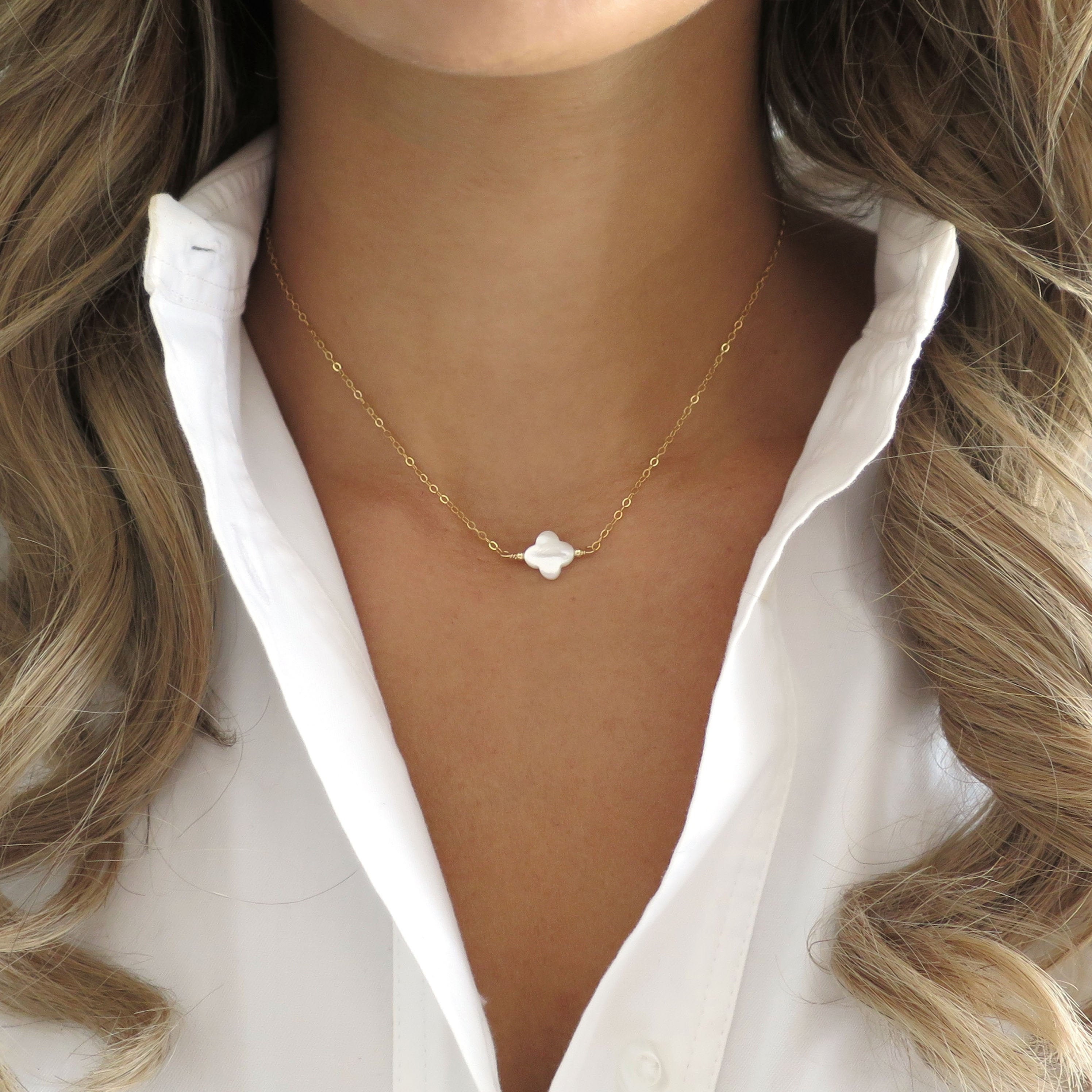 Floating Pearl Necklace Gold Mother of Pearl Necklace Clover