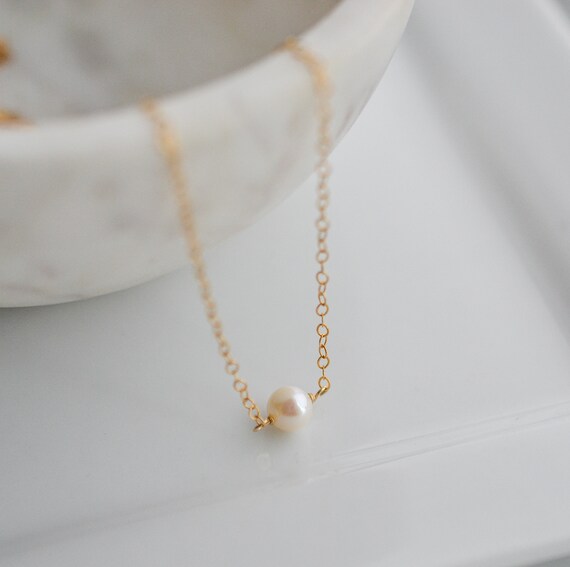 Floating Single Pearl Necklace | Gold Plated | 925 sterling silver |  Delicate Necklace