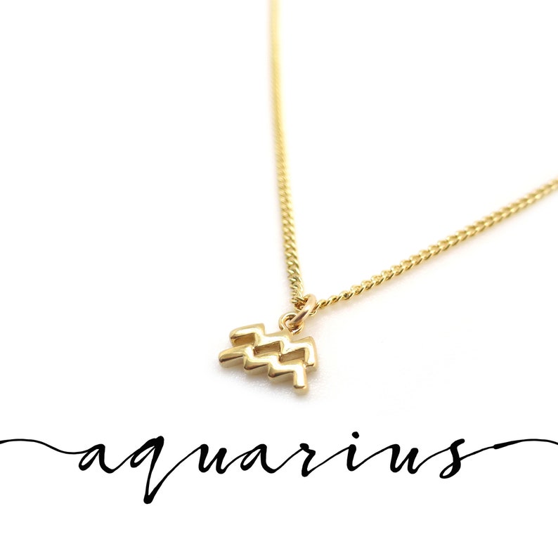 May include: Gold chain necklace with a small gold Aquarius zodiac sign pendant.