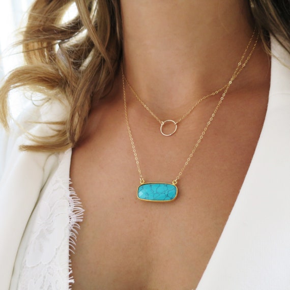 Open Circle & Turquoise Layered Necklace