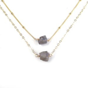 Small Raw Gemstone Necklace, Rough Gemstone Necklace, Gemstone Pendant, 14k Gold Filled Satellite Chain, Gray Necklace, Gray Pendant