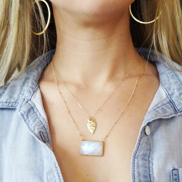 Moonstone Ketting, Gouden Pijlpunt Ketting, Boho Gelaagde Ketting, Moonstone Sieraden, Boho Sieraden, Gouden laag Ketting, pijlpunt sieraden