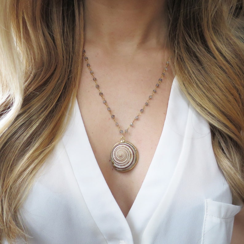 Spiral Shell Women Shell Necklace Long Labradorite Necklace Sea Shell Necklace Gold Shell Necklace Long Shell Pendant Beach Necklace