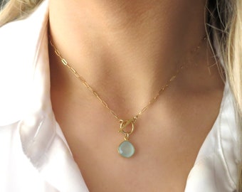 Gold Toggle Clasp Necklace Paperclip Chain Gold, Gold Aqua Chalcedony Necklace, Blue Teardrop Necklace, Aqua Chalcedony Pendant