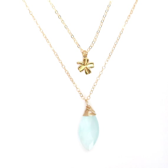Aqua Chalcedony and Four Leaf Clover Pendant Layer Necklace