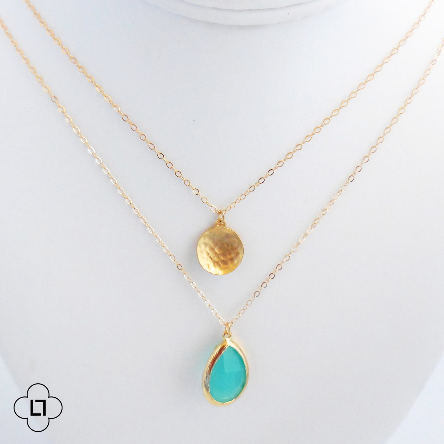 Gold Coin Turquoise Glass Layer Necklace