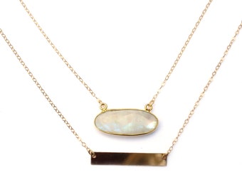 Rainbow Moonstone Necklace, Gold Layer Necklace, Gold Bar Necklace 14k Gold Filled, Dainty Moonstone Pendant, Moonstone Layer, Bar Layer