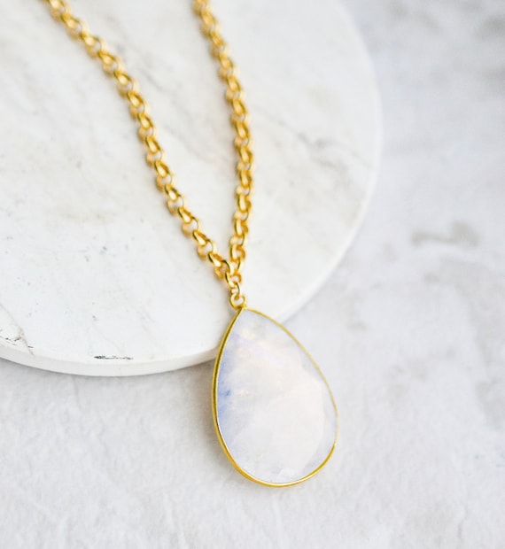 Large Moonstone Pendant, Rainbow Moonstone Necklace, Gold Moonstone Teardrop Pendant, Moonstone Jewelry Gold, 14k Gold Filled Chain