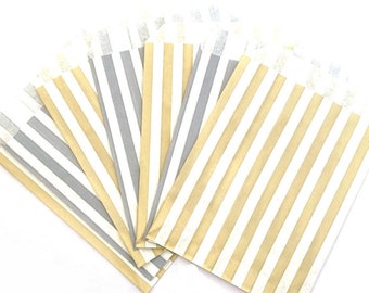 Gold striped paper bags, silver striped paper bags, candy cart sweet bags, wedding sweet bags, 100 paper bags, 50 paper bags