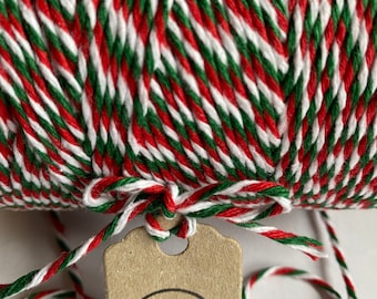Red, White & Green Cotton Bakers Twine | Christmas twine | Festive wrapping | Available in 5, 10 or 20m lengths - UK Based