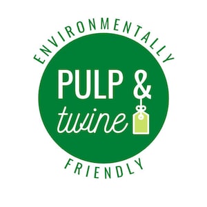May include: Green circle with white text that reads "Environmentally Friendly Pulp & Twine" with a small yellow tag hanging from the word "Twine".