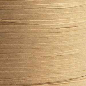 May include: Close-up of a spool of natural-coloured raffia ribbon. The ribbon is tightly wound, with visible horizontal layers. The colour is a warm, neutral tone, suitable for crafting and gift wrapping. The texture appears slightly rough.