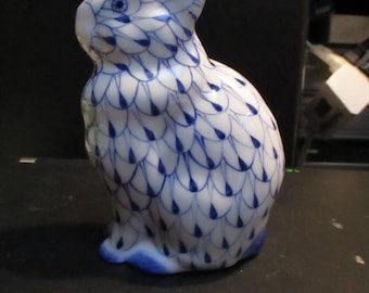 Large Blue and White Porcelain Bunny Rabbit Figurine: Fishnet Ceramic Easter Decor