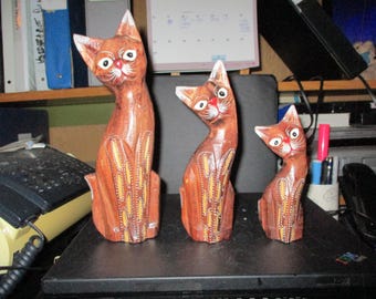 A family of cats handcarved, handpainted Indonesia 1980's