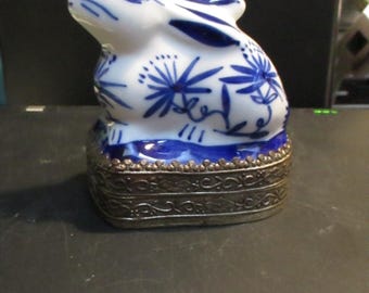 Vintage blue and white porcelain rabbit with silver embossed trinket box