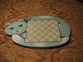 Rare Cat Shaped Checkerboard with matching container and small wood checkers.