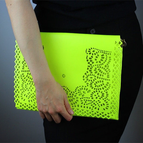 Oversize Vegan Leather Jel Candy Neon Day-Glo Ladies Yellow Green Eyelet Cutout Flap PU Envelope Purse Handbag Clutch Shoulder Bag ipad Case