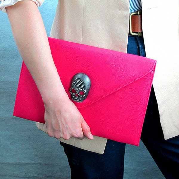 Vegan Leather Envelope Clutch with Skull Clip - Rose Pink Purse Bag Handbag - Women Ladies - Handmade