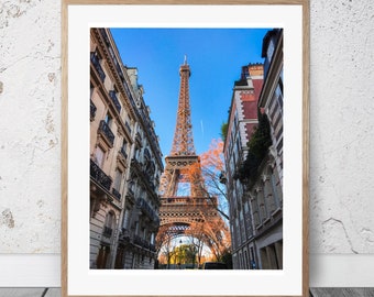 May include: A framed photograph of the Eiffel Tower in Paris, France. The tower is seen from a street level perspective, with buildings on either side of the street. The sky is blue and the buildings are a mix of brick and stone.