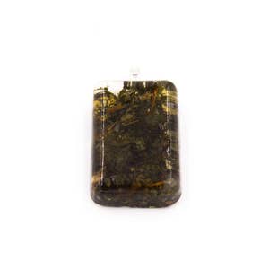May include: A rectangular pendant with a clear resin exterior encasing dark green and brown organic material. The pendant has a silver-colored bail for attaching to a chain. The overall aesthetic is natural and earthy.
