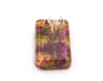 Real Rosebuds and Rose Petals in Resin Pendant with Metal rose charm