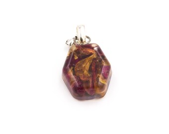 Real Rose Petals in Resin Pendant with Metal rose charm