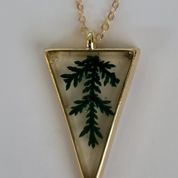 Triangle Dried fern Resin Pendant for Nature Lovers Ostara Spring Pendant