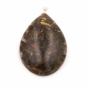 May include: A teardrop-shaped pendant with a silver bail. The pendant features a dark, mottled pattern of greens, browns, and hints of orange, resembling a natural stone or mineral. The overall appearance is organic and earthy.