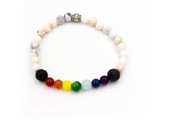 Aromatherapy Bracelet Chakra Balancing Rainbow and Howlite beads Stretch bracelet