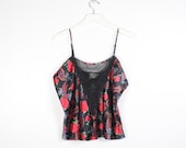 Vintage 90s Lingerie Slip Tank Spaghetti Strap Strappy Black Floral Paisley Sheer Mesh 1990s Camisole Tank Top Pajama Blouse M L Large XL