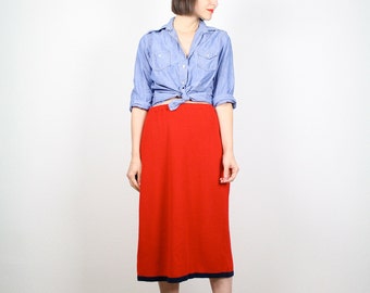 Vintage Red Skirt 80s Skirt Knit Skirt Midi Skirt Navy Blue Stripe Trim Pencil Skirt Tea Length Sweater Skirt Red Blue 1980s Skirt M L Large
