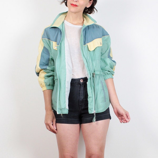 Vintage 80s Windbreaker Pastel Green Pale Yellow Blue Color Block Bomber Jacket 1980s Sporty Anorak Jacket Warm Up Track Jacket S M Medium L