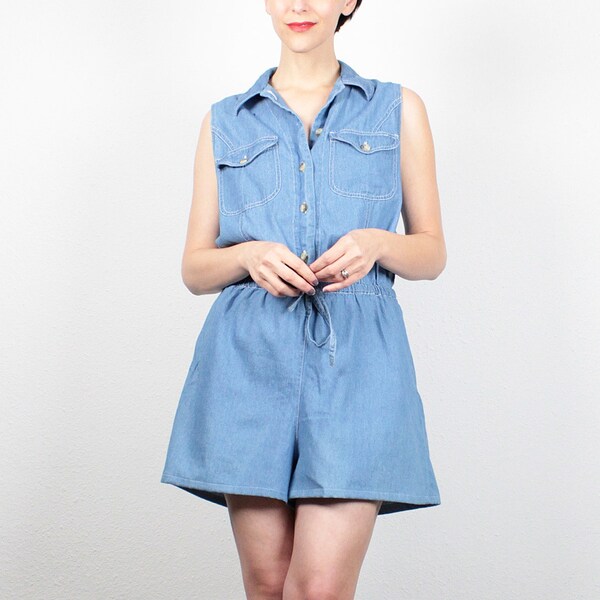 Vintage Denim Romper 1990s Jean Jumper Slouch Top Soft Grunge Romper Chambray Playsuit Shortalls Shorts Overalls 90s Outfit L Extra Large XL