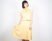 Vintage Yellow Dress 1970s 70s Dress Midi Dress Pin Pleated Dress Cap Sleeve Disco Dress Hippie Dress Marigold Gold Dress  S Small M Medium