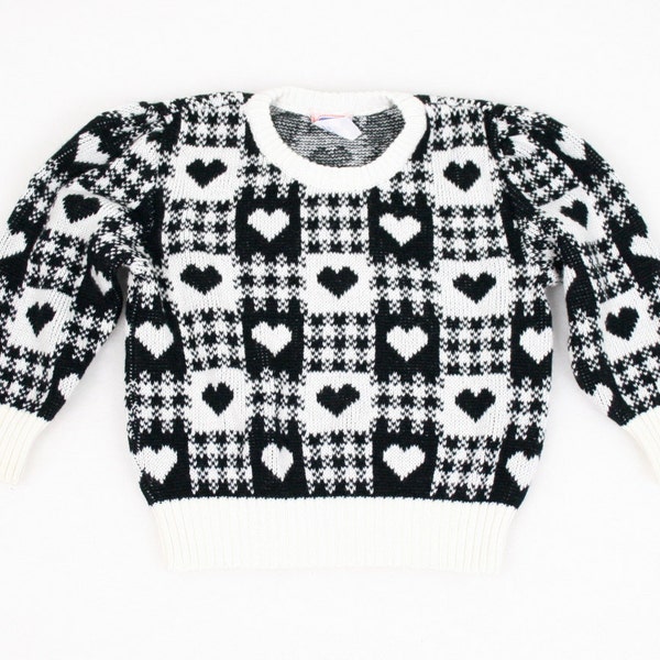Vintage Little Girl Sweater Black White Heart Print Jumper Size 5 4t Toddler Pullover Gingham Plaid 1980s 80s Sweater Cosby Sweater New Wave