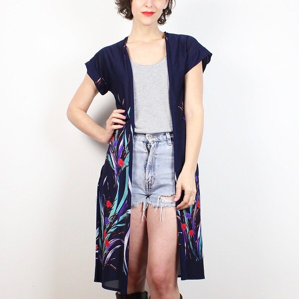 Vintage 70s Duster jas marineblauw Teal rood paars bloemen Print Kimono jas Hippie Vest jaren 1970 Boho Boheemse sjaal vest S kleine M Medium