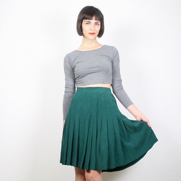 Vintage Green Skirt Silk Skirt Pleated Skirt High Waisted Skirt Preppy Skirt Mini Skirt Knee Length Midi Skirt School Girl XS S Extra Small