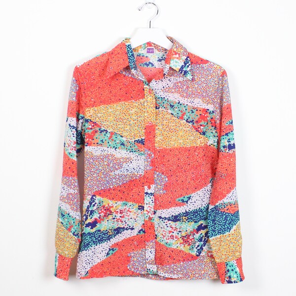 Vintage 70s Shirt Orange Impressionist Art Rainbow Dotted Mod Hippie Shirt 1970s Blouse Button Down Long Sleeve Hipster Top S Small M Medium