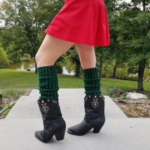 Hand Knit Black and Green Striped Leg Warmers: Acrylic Yoga Dance Legwarmer