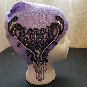 1920s Black Sequin Black Beads and Pearls Applique on a Lavendar Knit Hat, Gatsby Flapper 1920s Hat, Hand Knit Hat, 2020s Hat, Cloche Hat