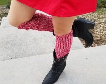 Hand Knit Red and White Leg Warmers, Dance Legwarmer, Acrylic Exercise Leg Warmers, Arm Warmers, Knee High Yoga and Hiking Legwarmer