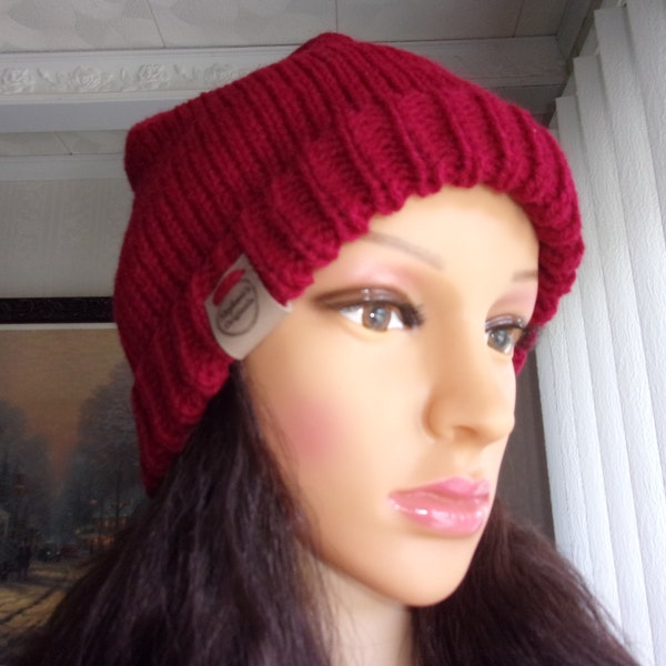 Stephanies Original One of a Kind Hand Knit Bulky Cranberry Red Hat, Burgundy Knit Hat, Burgundy Ski Hat, Winter Hat, Warm Hat