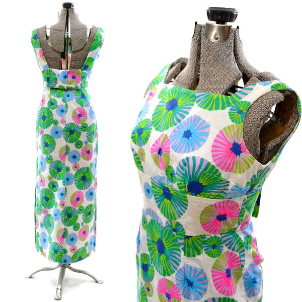 Vintage 1960s floral print dress long maxi retro tropical 60s