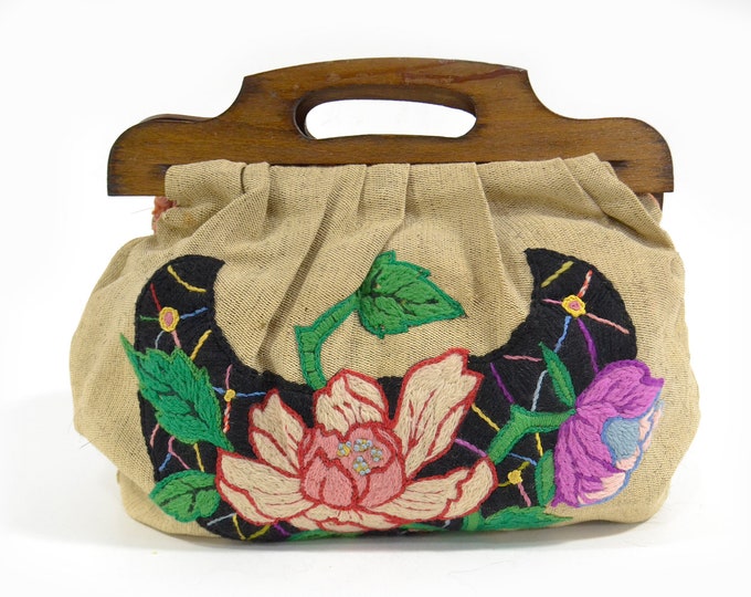 1940s Purse Wood Handle Clutch Bag Floral Flower Embroidered Etsy