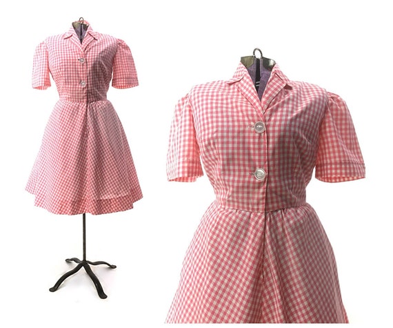 Size S M vintage 1950s pink dress retro fit and fl