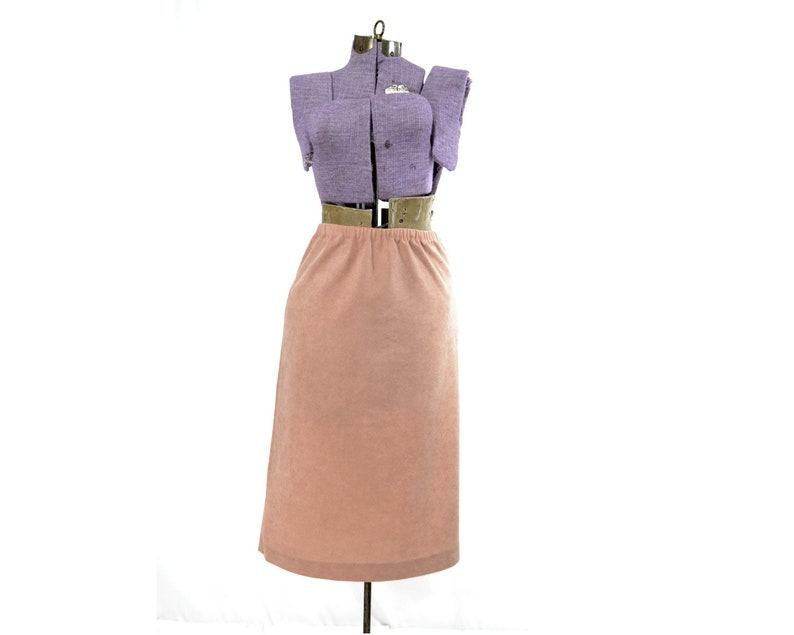 Size Medium Pink Faux Suede Suit Ladies Womens 1970s 70s jacket skirt winter pencil seventies retro seventies blazer small beige peach mauve