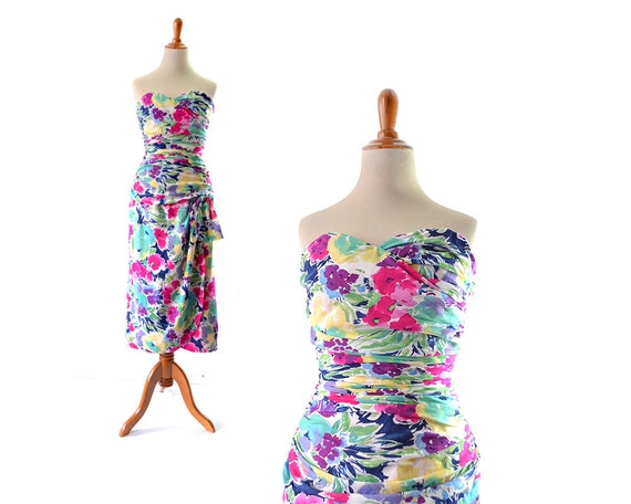 1980s dress 80s dress xs Floral dress tropical pri