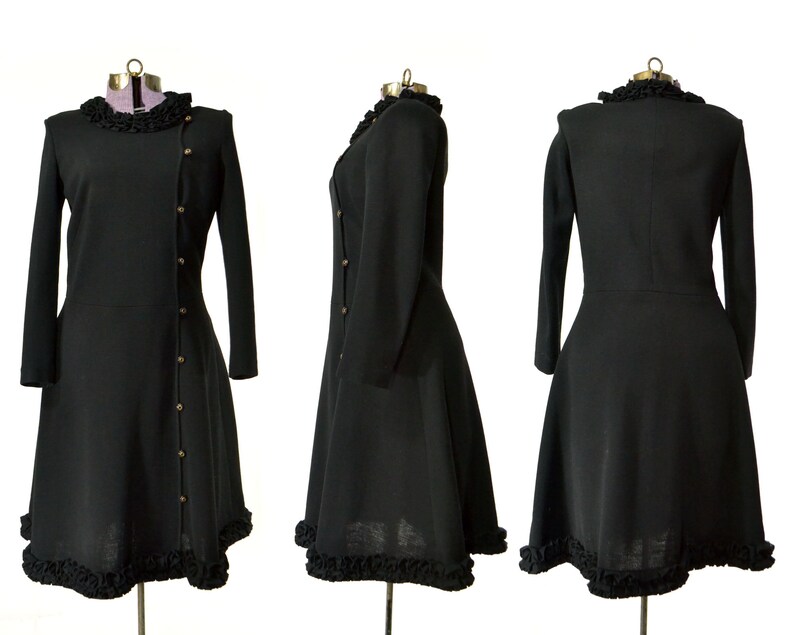 Size M Black Sweater Dress 1960s Dress 60s Womens Vintage Clothing Retro Lettuce Edge Double Breasted Ruffle Long Sleeve Modest